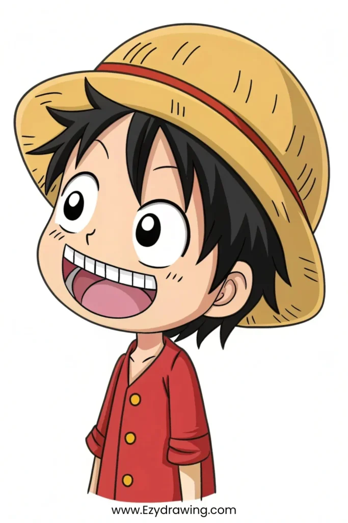 Anime-style cheerful boy with wide smile and classic straw hat – www.Ezydrawing.com