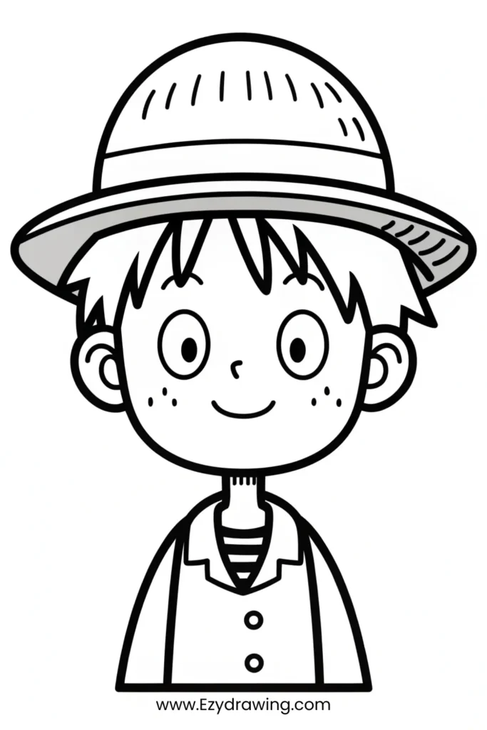Black and white cartoon boy with straw hat and buttoned shirt – www.Ezydrawing.com