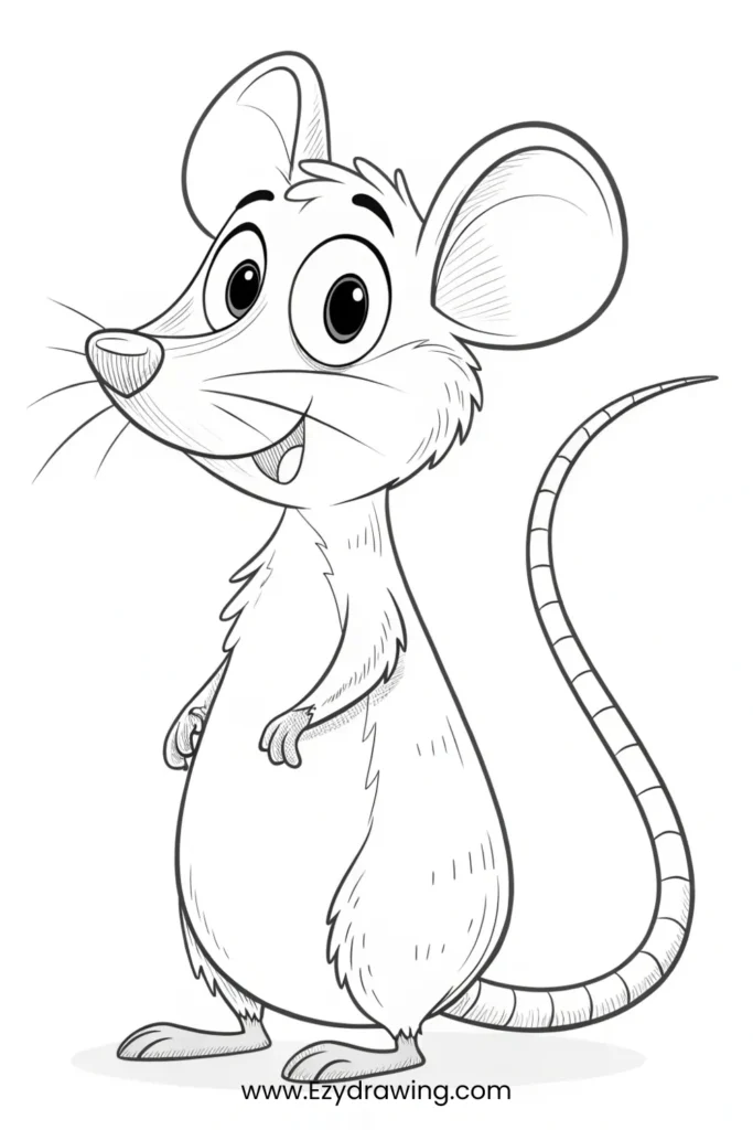 Cartoon rat line drawing with long tail and happy face – www.Ezydrawing.com