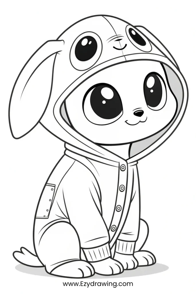 Line art of a cute alien wearing bunny onesie, perfect for coloring – www.Ezydrawing.com
