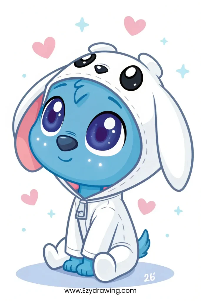 Blue alien character in animal hoodie with sparkles and hearts – www.Ezydrawing.com