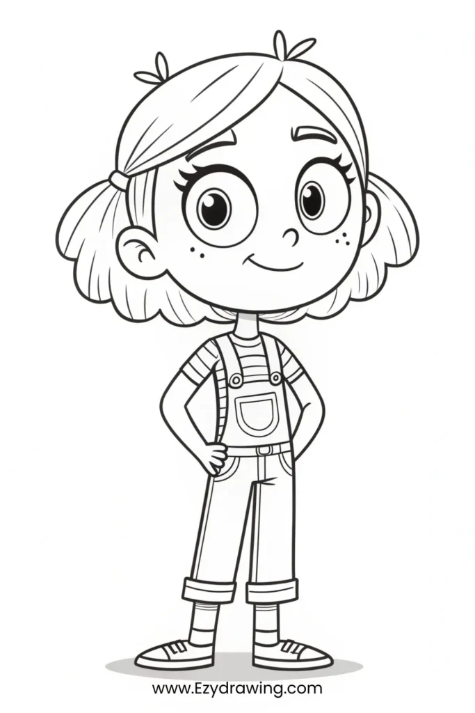 A charming black-and-white illustration of a young girl wearing overalls and a large strawberry-shaped hat, smiling confidently with her hands on her hips.