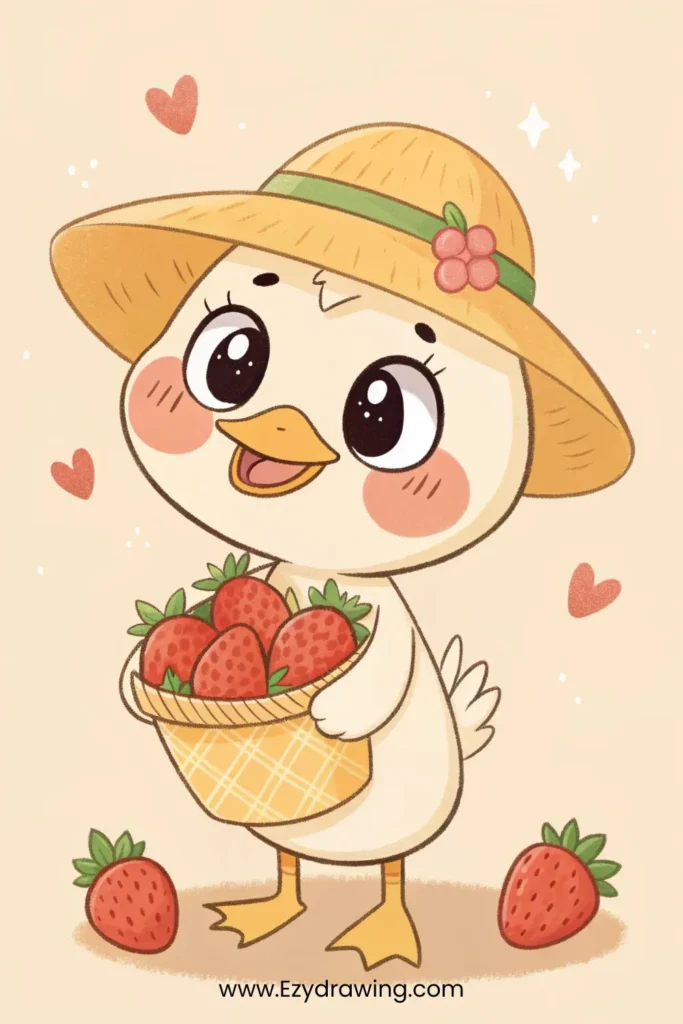 Smiling duck in straw hat holding a basket of strawberries with hearts – www.Ezydrawing.com