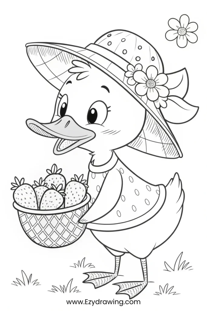 Black and white duck holding strawberries wearing a dress and flowered hat – www.Ezydrawing.com