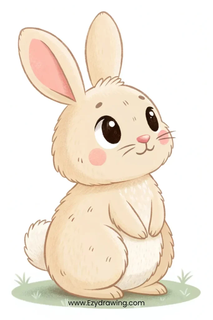 Adorable light brown bunny with big eyes, pink cheeks, and fluffy tail – www.Ezydrawing.com