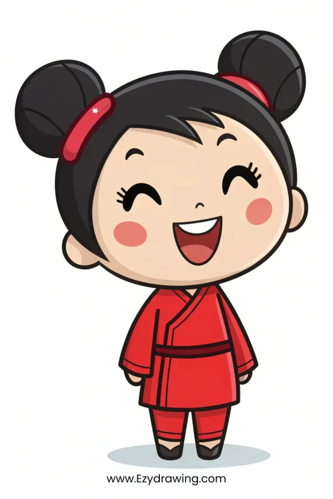 Cartoon girl in red outfit laughing with eyes closed and twin buns – www.Ezydrawing.com