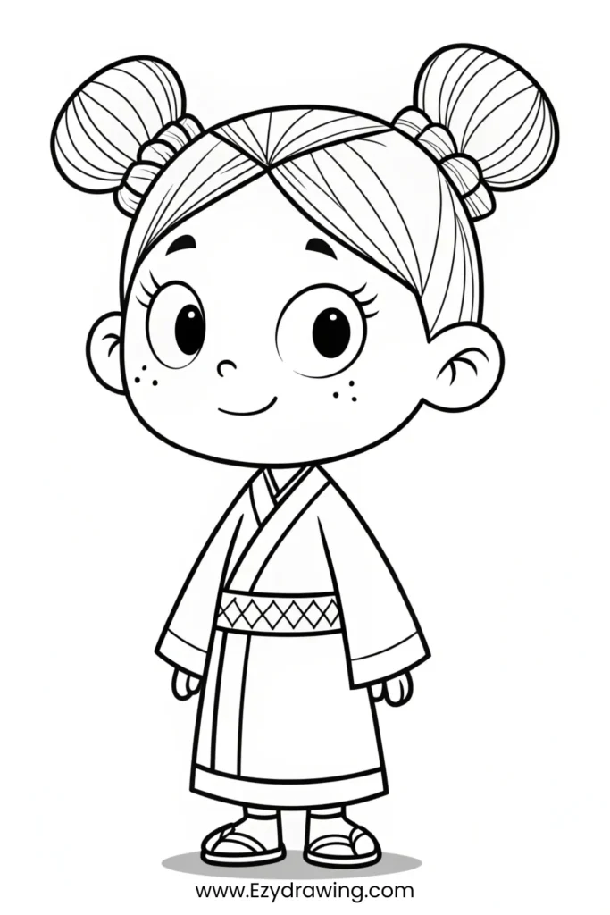 Smiling girl with buns and kimono in black and white – www.Ezydrawing.com