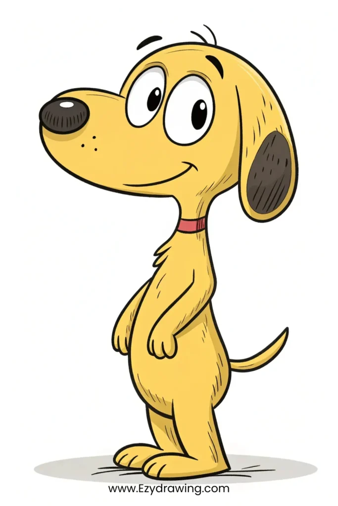 Yellow cartoon puppy with floppy ears, big eyes, and collar – www.Ezydrawing.com