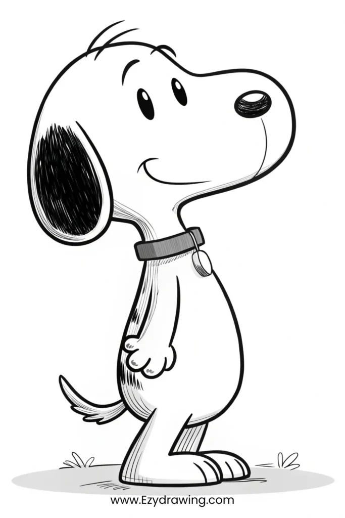 Line art of a cute standing dog with round nose and wagging tail – www.Ezydrawing.com