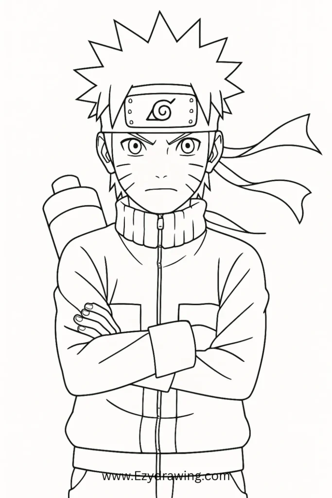 Naruto Uzumaki drawing – sketch of the popular anime character with headband, spiky hair, and whisker marks.