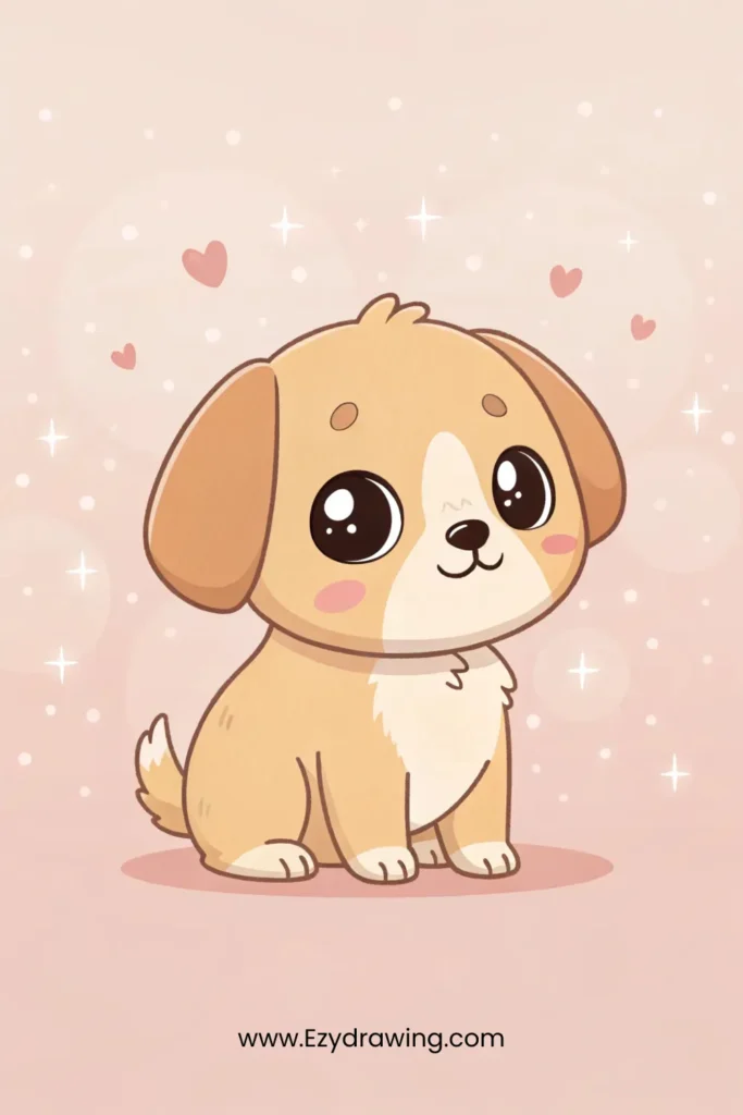 A cute cartoon puppy with large round eyes and rosy cheeks sits on a soft pink background with sparkles and hearts. Its tan and cream fur gives it an adorable, cuddly appearance.