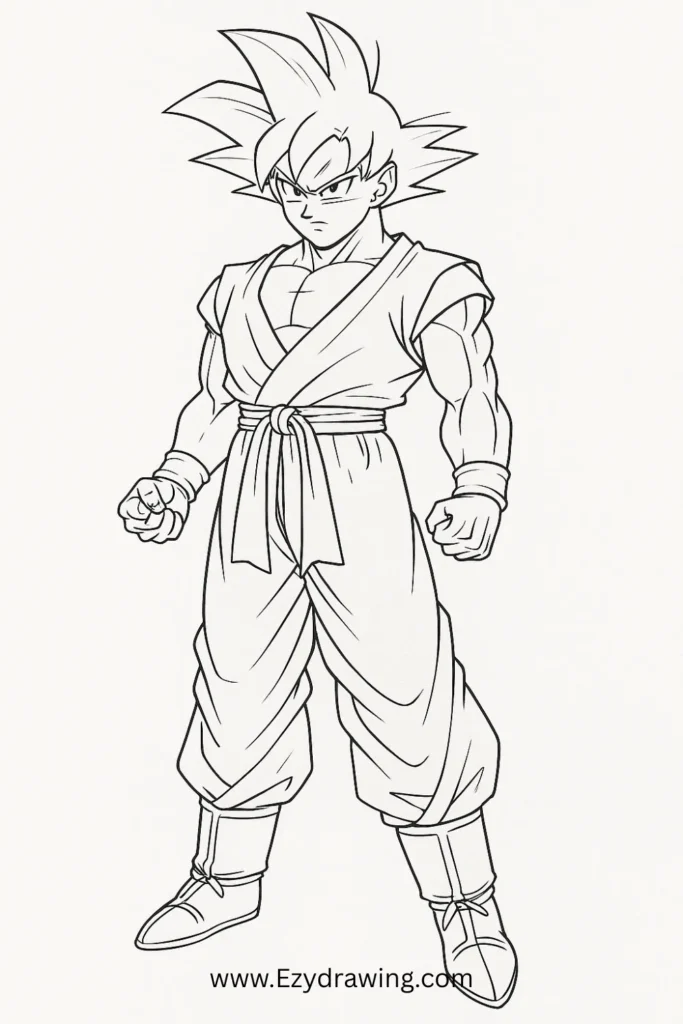 Son Goku drawing – step by step sketch of the Dragon Ball character with spiky hair, muscular body, and fighting stance.