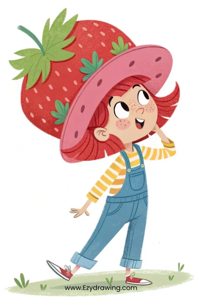 A cheerful little girl with red hair and a giant strawberry hat, wearing a striped shirt and denim overalls, smiles while looking upward in a bright and playful scene.