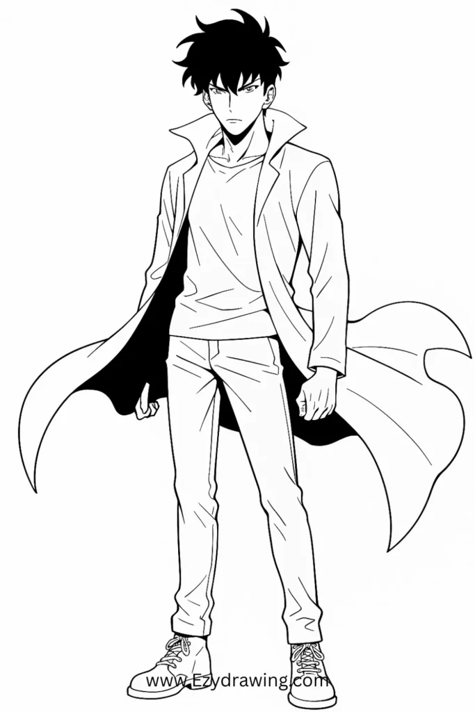 Sung Jin-woo drawing – cool anime character sketch from Solo Leveling with messy hair, serious face, and long coat.