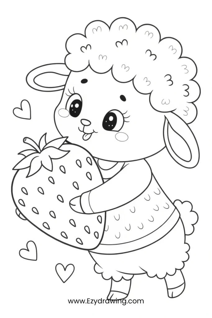 Cartoon sheep holding a large strawberry with hearts around, black and white – www.Ezydrawing.com