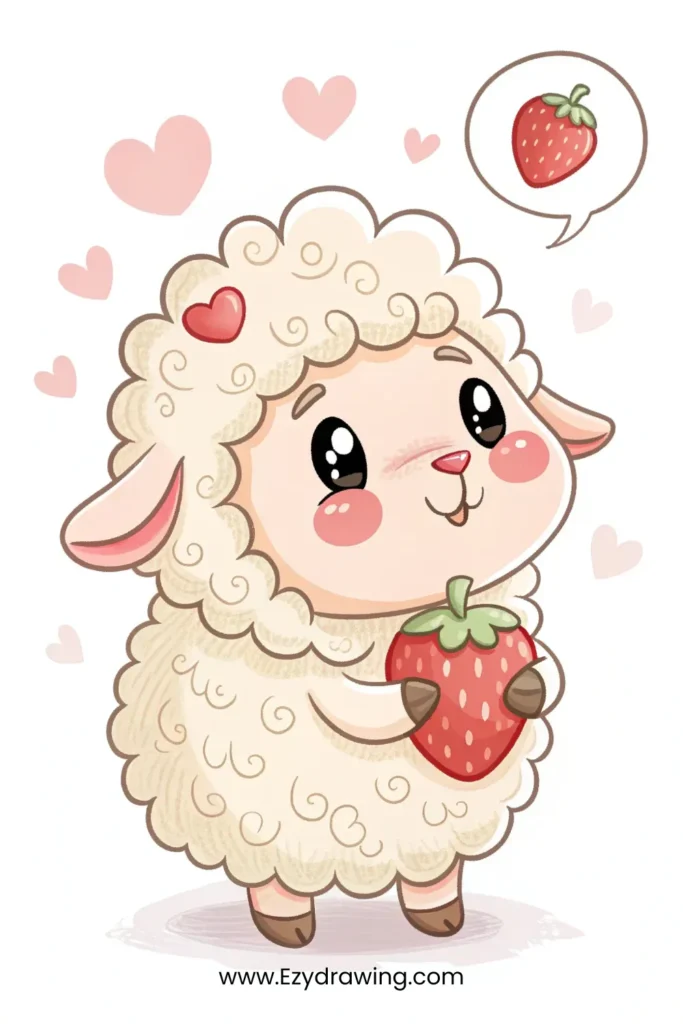 Fluffy sheep holding a strawberry with pink hearts and sparkles – www.Ezydrawing.com