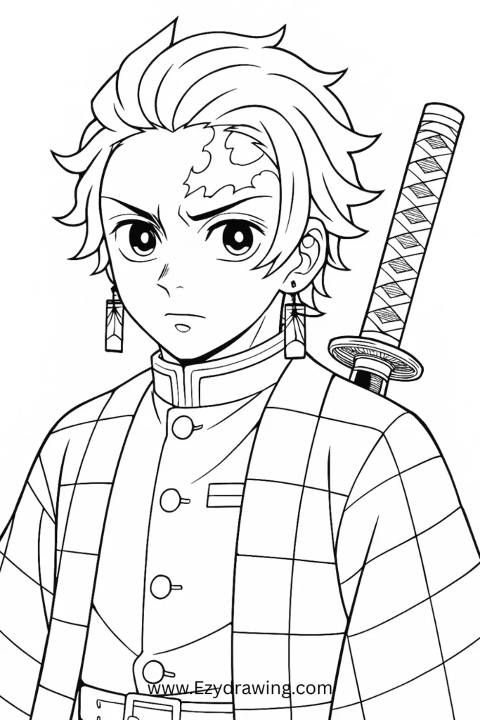 Tanjiro Kamado drawing – Demon Slayer character sketch with forehead scar, sword, and checkered haori.