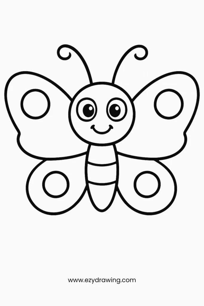 Adorable kawaii-style butterfly with heart-shaped wings and a smiling face, great for toddlers and preschool drawing fun.