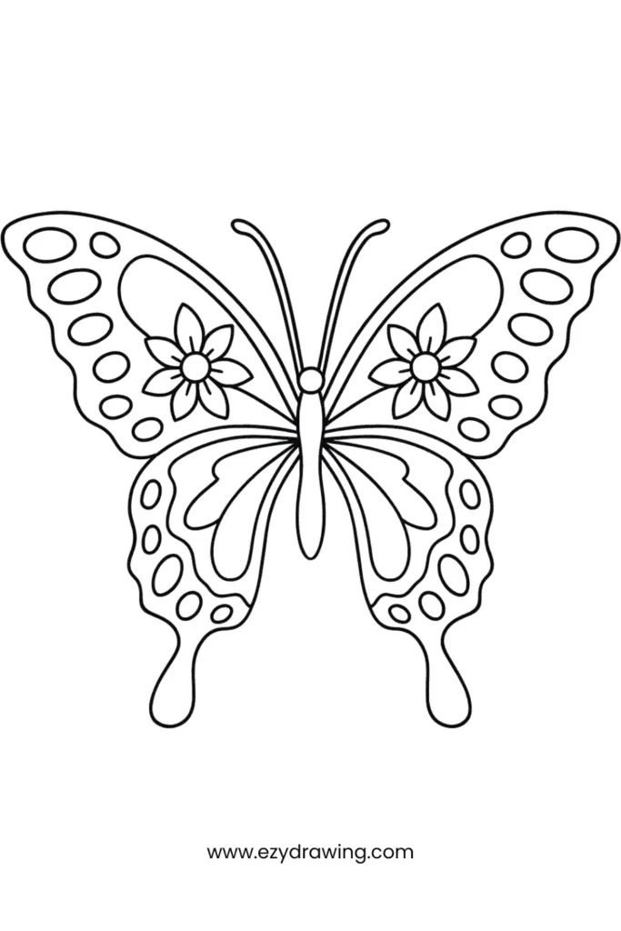 An enlarged butterfly outline with bold wings and fine details. The body is vertically long with symmetrical wing decorations on both sides.