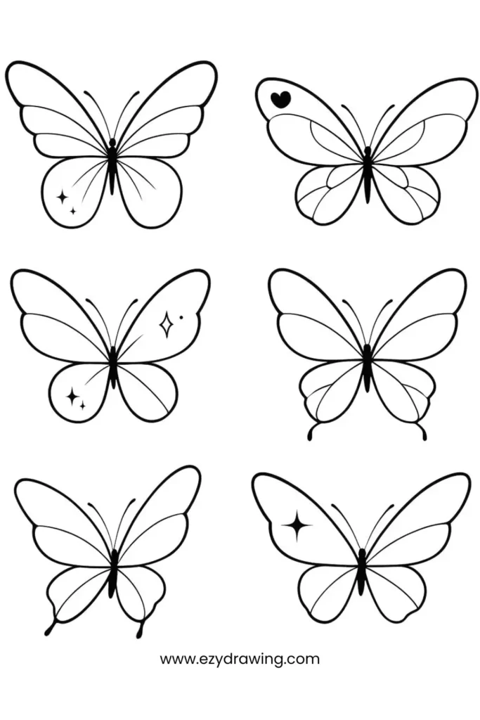 A six-step visual guide showing how to draw a cartoon butterfly. It starts with basic shapes and ends with a cheerful butterfly with dotted wings and a smiling face.