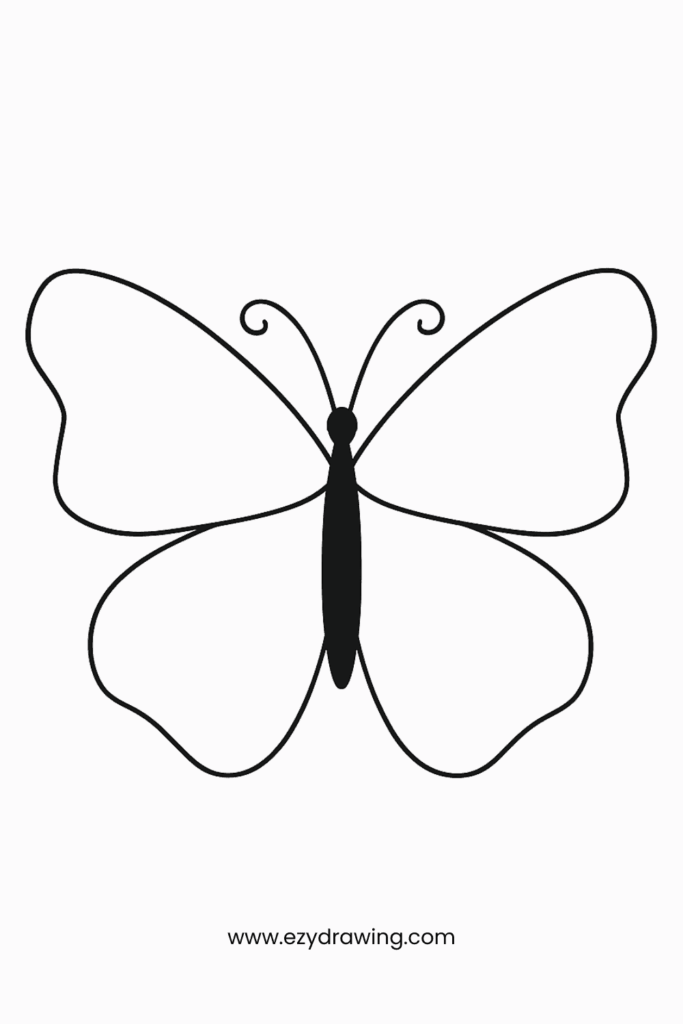 A simple black outline of a butterfly with curved wings and antennae. The body is solid black while the wings remain unfilled, ideal for coloring.