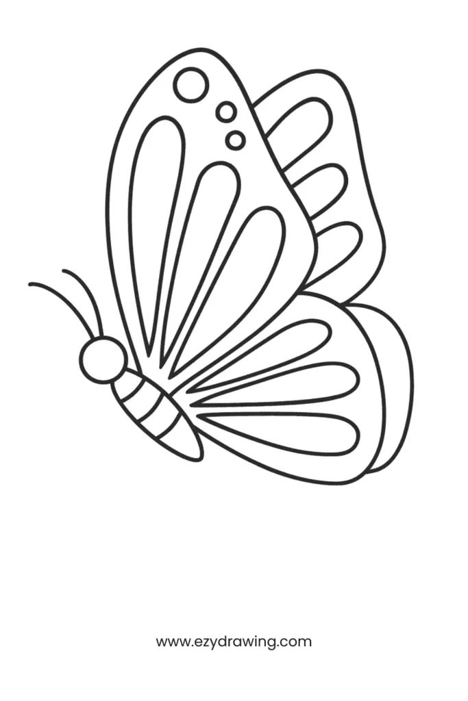 Creative butterfly side view with teardrop-shaped wing details and gentle antenna curves, perfect for decorative art.