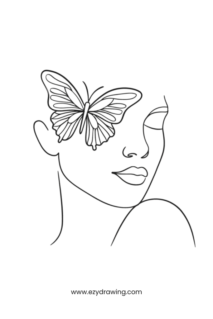 A minimalist line art of a woman’s face with a butterfly covering one eye. The butterfly has wide wings and the figure is drawn in soft curves, representing elegance and imagination.