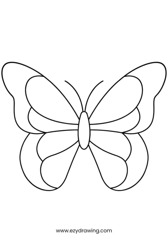 Bold butterfly outline with intricate inner wing shapes, excellent for intermediate kids' coloring or tracing activities.