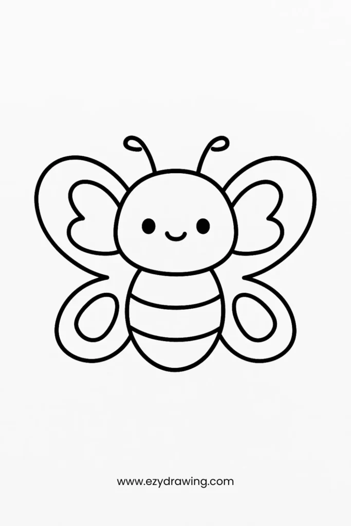 Adorable kawaii-style butterfly with heart-shaped wings and a smiling face, great for toddlers and preschool drawing fun.