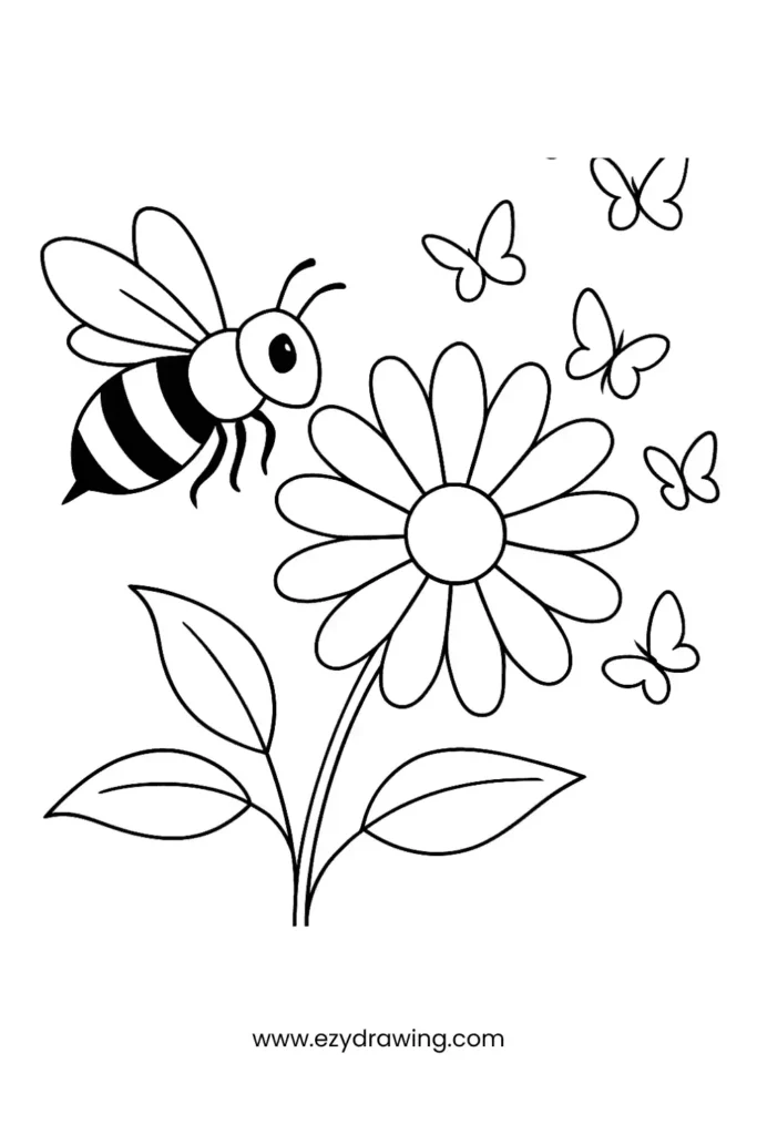 A happy bee near a daisy with butterflies around it, ideal for nature-themed coloring and spring drawing ideas.