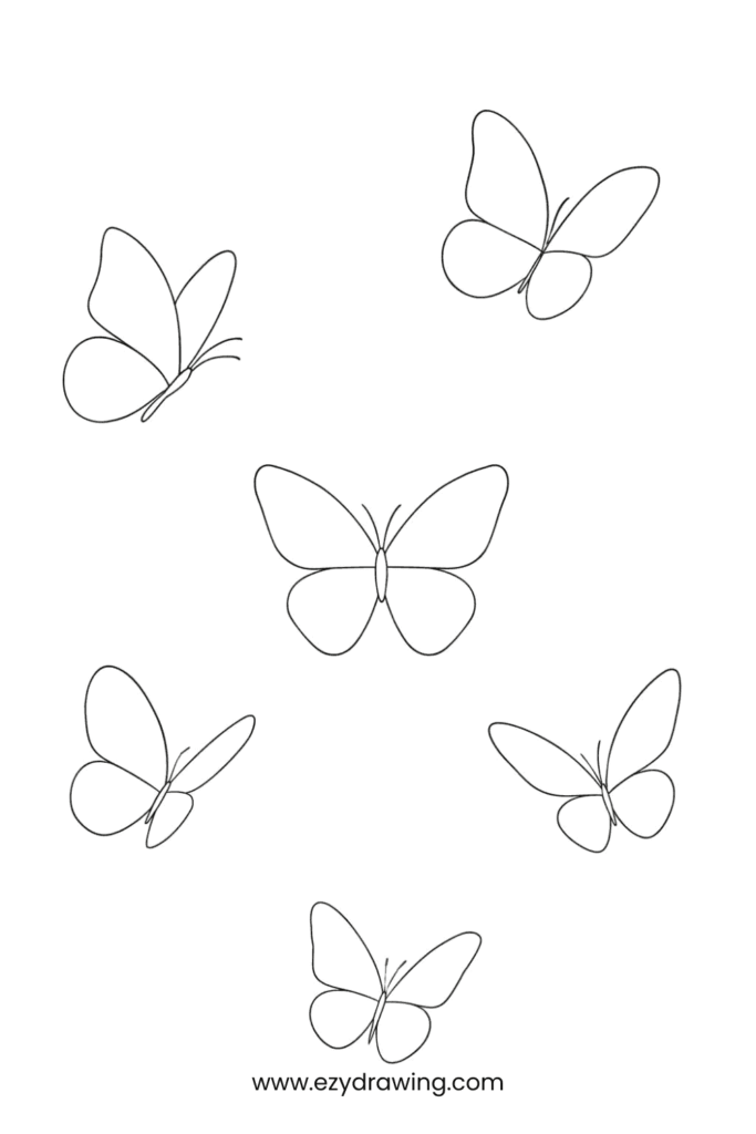 Six flying butterflies drawn in simple outline style, perfect for learning how to draw butterflies in motion.