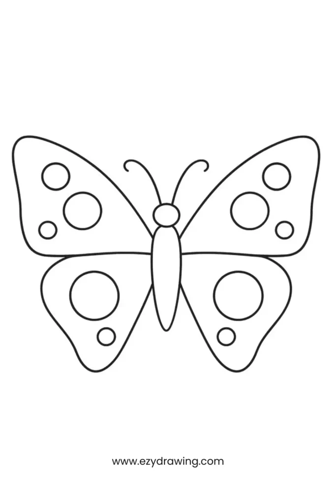 A playful butterfly drawing with round wing decorations, great for kids learning how to draw fun butterfly shapes.