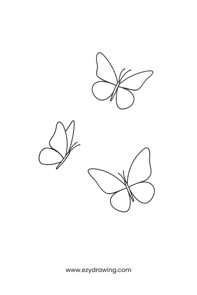 Trio of minimal butterfly line drawings in motion, ideal for easy butterfly sketch practice and doodling.