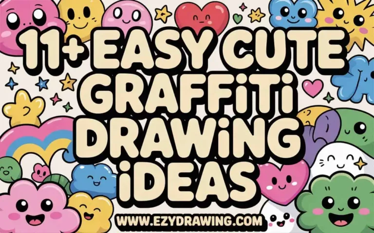 Tan bubble graffiti title 11+ Easy Cute Graffiti Drawing Ideas with colorful smiling hearts, clouds and stars
