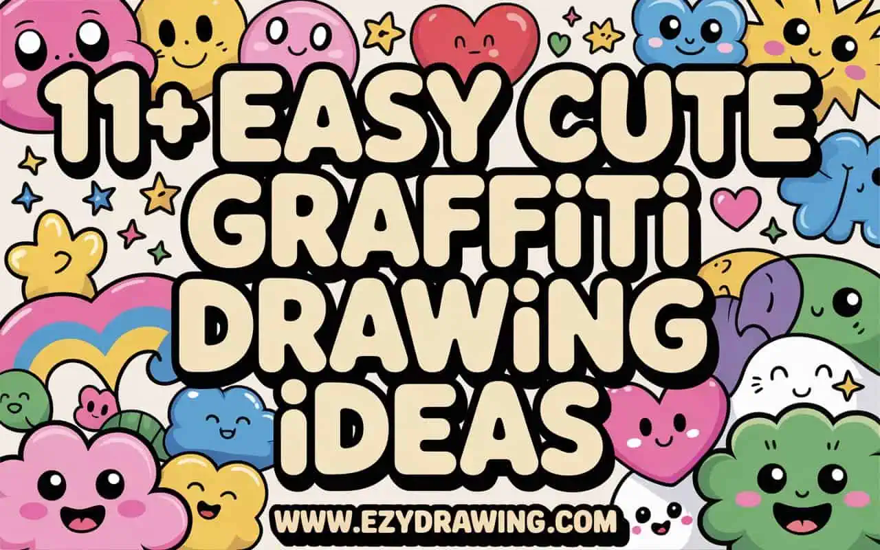 Tan bubble graffiti title 11+ Easy Cute Graffiti Drawing Ideas with colorful smiling hearts, clouds and stars