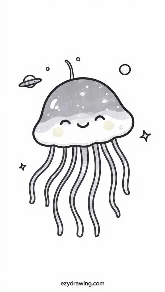 Cute space jellyfish drawing with a smiling face, long tentacles, and tiny UFOs floating around — ezydrawing.com illustration.