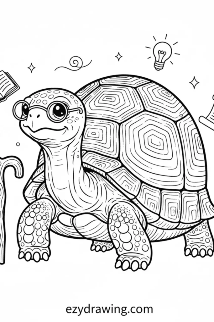 Wise tortoise with glasses and detailed shell sitting calmly with books, cane, and lightbulb doodles in a friendly ezydrawing com style