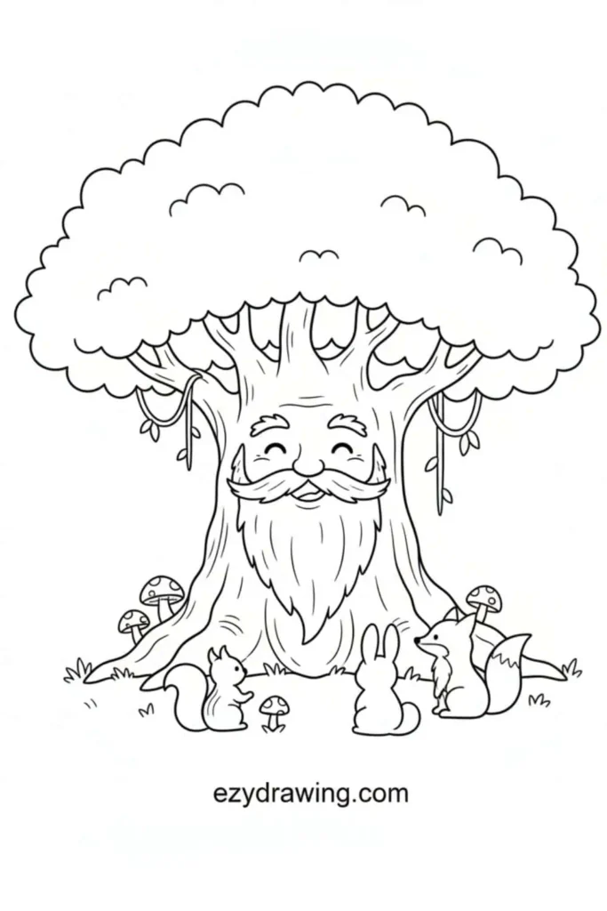 Cute ancient tree with a wise bearded face, large fluffy leaves, hanging vines, mushrooms, and woodland animals sitting around in a friendly forest scene