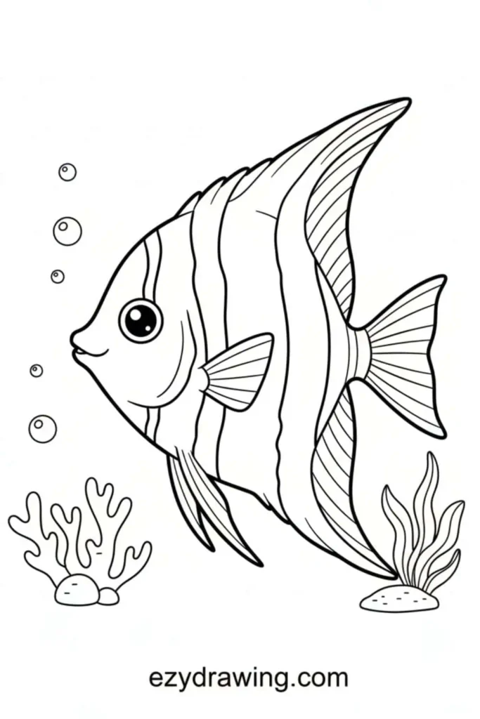 Tall angelfish with striped body, long fins, and bubbles, coral, and sea plants around it in a simple kids drawing style