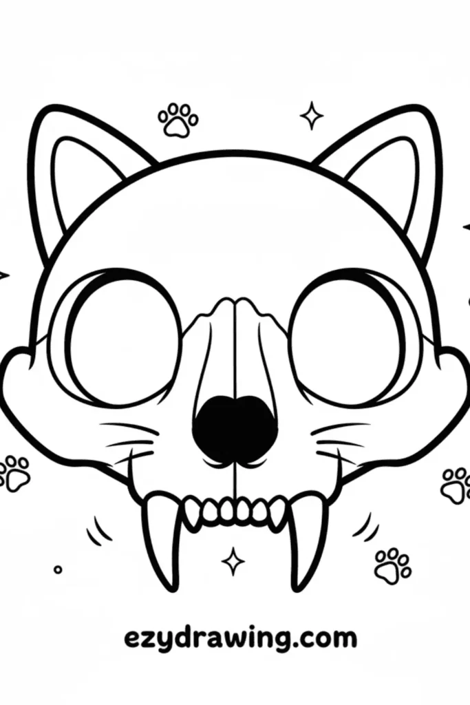 Cute cat skull with big round eye openings, long fangs, whisker details, ears, paw prints, and sparkles in a bold outline style