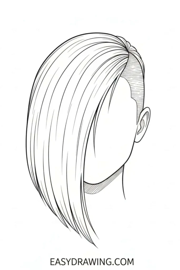 Asymmetrical haircut drawing with long side swept layers and a short shaved side in a clean outline style