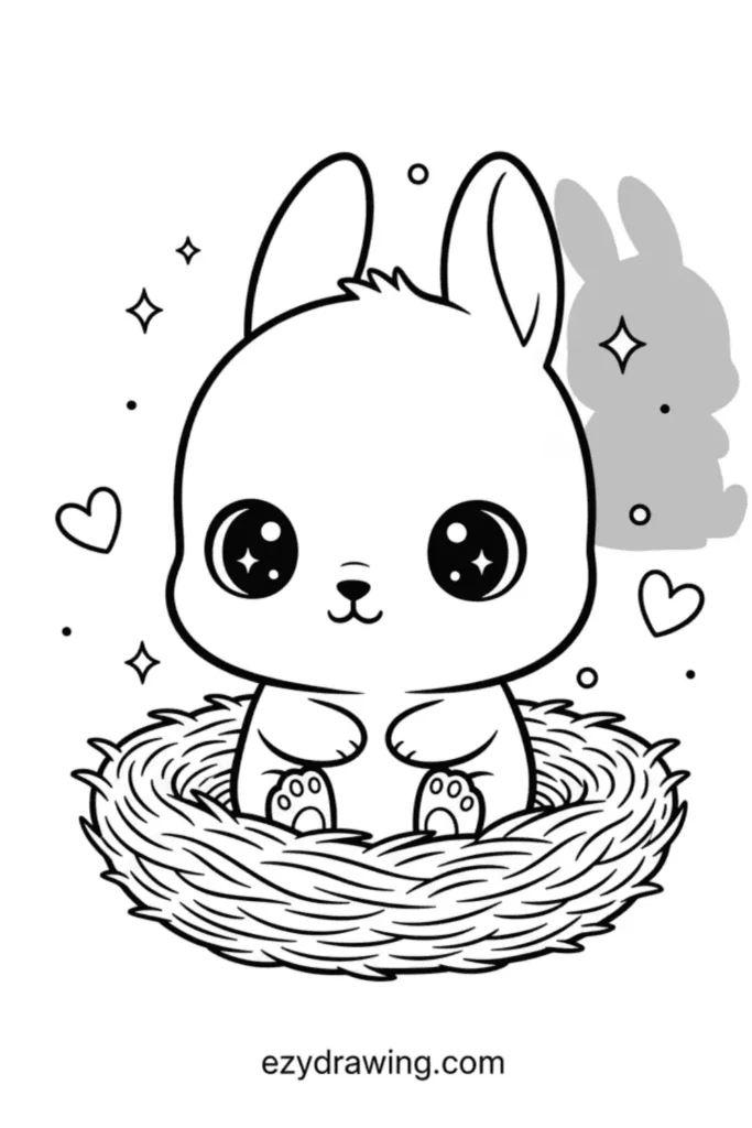 Tiny fluffy bunny with big sparkling eyes sitting in a nest, surrounded by hearts, stars, simple child friendly line art, ezydrawing.com text below