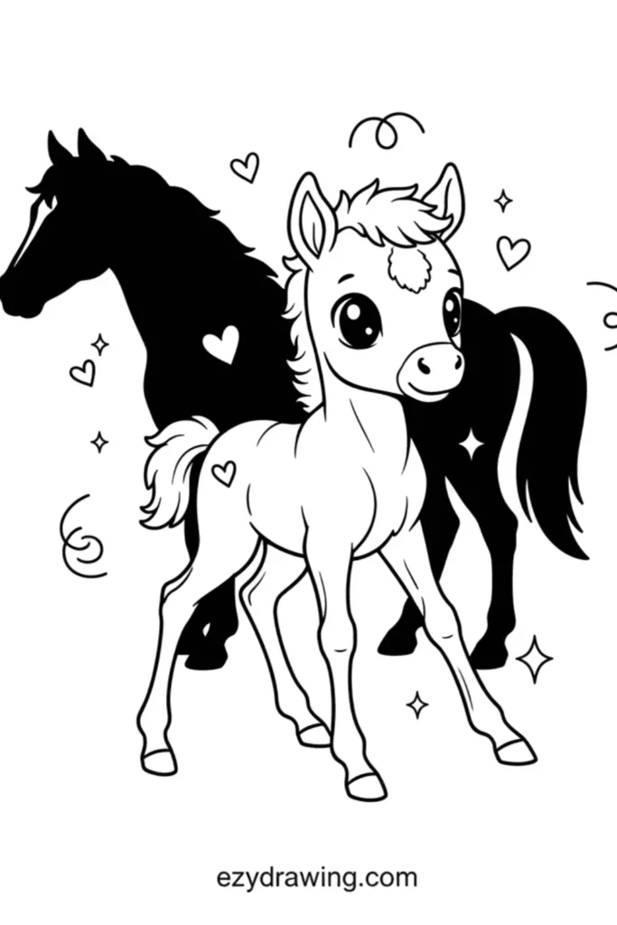 Cute baby foal with long legs and big eyes standing before a larger horse silhouette with hearts and stars in simple ezydrawing com style