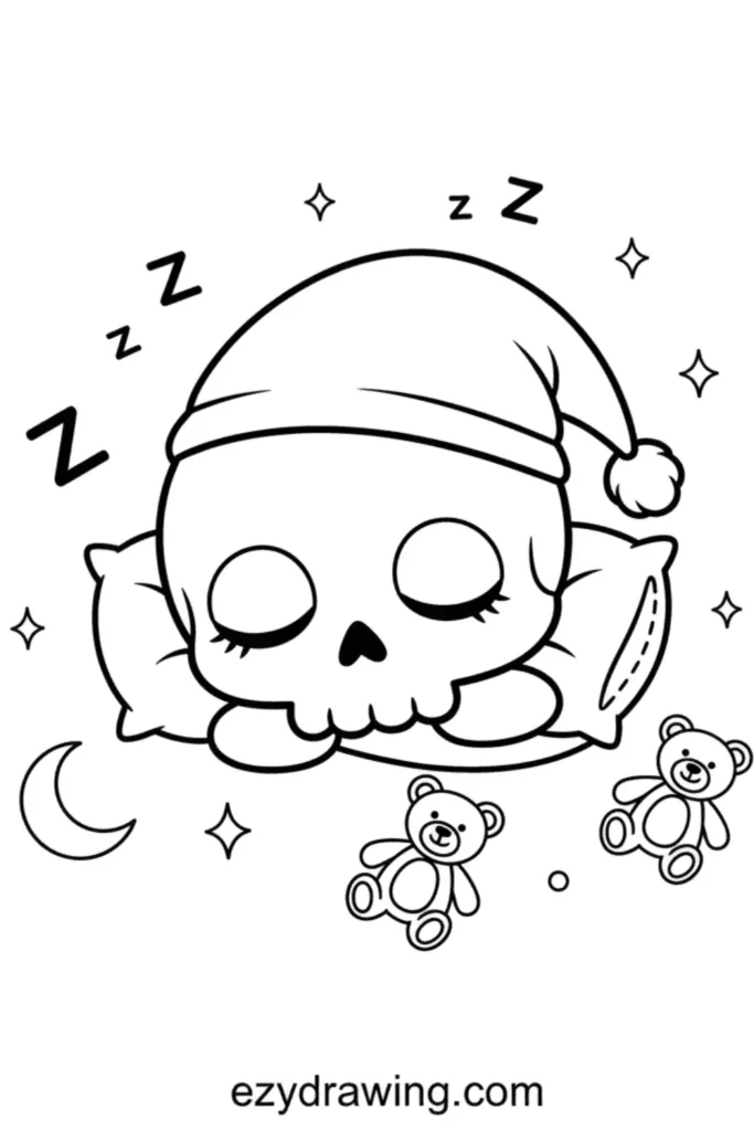 Cute sleeping skull wearing a nightcap, resting on a pillow with closed eyes, teddy bears, stars, and a moon around it in a soft outline style