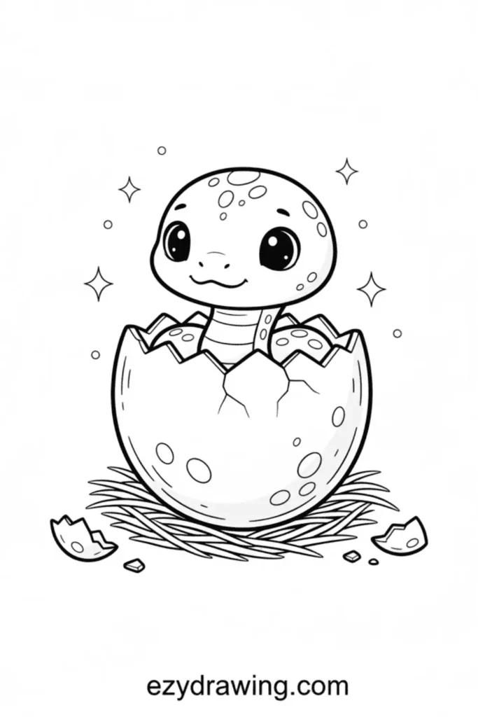 Baby snake hatching from a cracked egg in a nest, cute big eyes with sparkles, ezydrawing.com