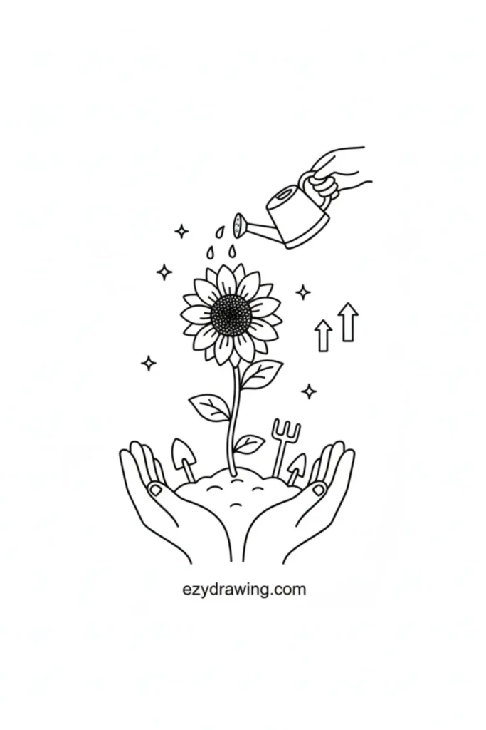 Small sunflower growing in cupped hands with tools in soil while a watering can sprinkles droplets above in simple kid friendly line art