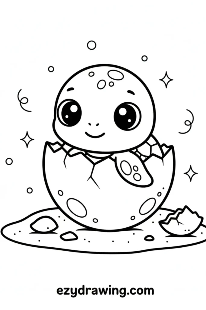 Adorable baby turtle hatching from a cracked egg with sparkles, bubbles, and sand details in a simple kid friendly ezydrawing com outline style