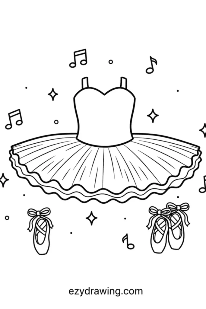 Ballet tutu dress with ruffled skirt surrounded by sparkles music notes and ballet shoes drawn in a simple kid friendly outline style