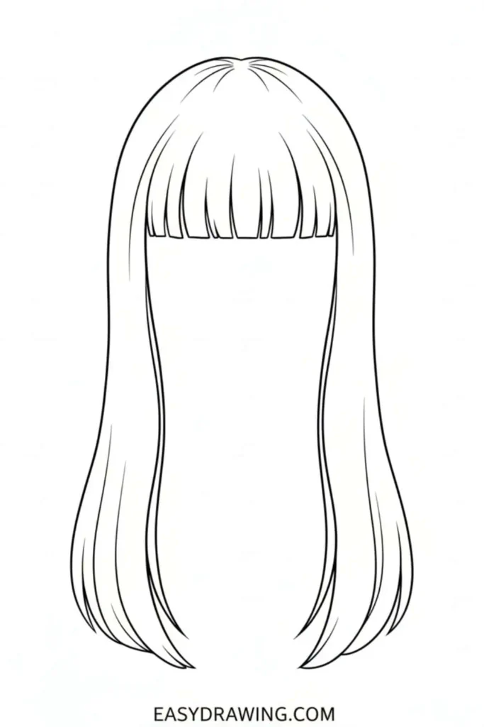 Long straight hair drawing with blunt bangs and smooth flowing strands.