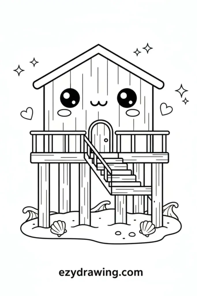 Cute beach house on stilts with kawaii face, stairs, waves, seashells, and sparkles, drawn in a simple outline style